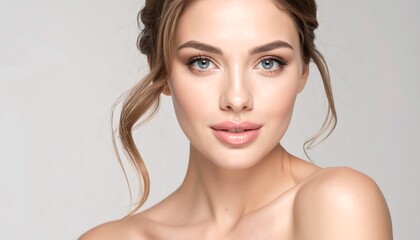 A close-up portrait of a woman with flawless, smooth skin and light makeup, showcasing a healthy and vibrant complexion.