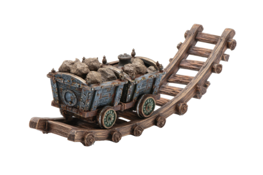 Mine Train Cart on Curved Track, Rustic Miniature Model