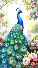A vibrant peacock, adorned with exquisite plumage of blues and greens, stands amidst a garden of blooming roses and delicate foliage.
