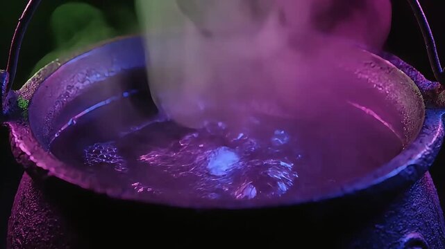 Mysterious bubbling potion glows with magical purple light in a dark cauldron