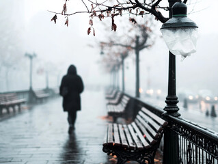 Solitary Figure Walking on a Misty City Path in Autumn or Winter