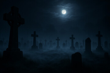 Halloween spooky graveyard background with fog and tombstones