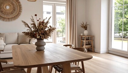 Modern, light-filled living area with a wooden dining table