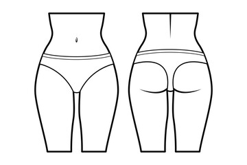 Women’s lingerie technical flat sketch. thongs panties for stockings, front and back view, fashion design template. Women's underwear. Isolated on white.