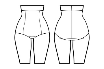 Women’s lingerie technical flat sketch. tummy control panties for stockings, front and back view, fashion design template. Women's underwear. Isolated on white.