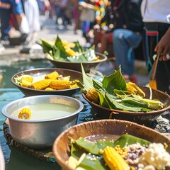 Freshly harvested corn displayed in shallow bowls, alongside leaves and water, at a bustling outdoor market.