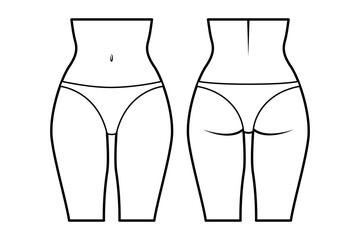 Women’s lingerie technical flat sketch. Tanga panties for stockings, front and back view, fashion design template. Women's underwear. Isolated on white.