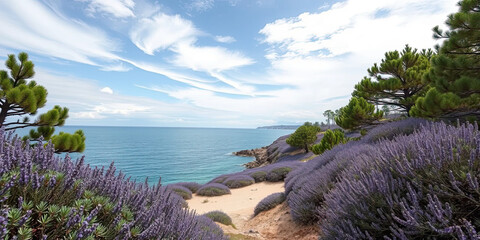 Scenic coastal landscape with vibrant lavender flowers, blue ocean horizon, green pine trees and dramatic cloudy sky, natural travel background for relaxation and tourism  
