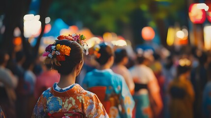 Obraz premium Exploring traditional japanese summer festival with yukata and lanterns for cultural travel experience