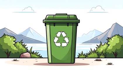 A bright green recycling bin stands on a sandy shore by a tranquil lake, amidst lush greenery and mountains.