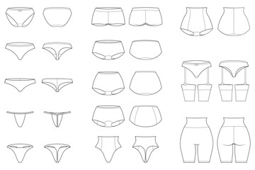 Outline vector illustration set of different women&rsquo;s panties styles with front and back views, isolated on white background.