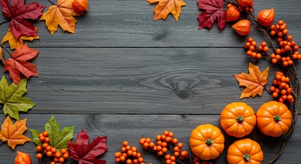 Autumnal arrangement with pumpkins, leaves, and berries.