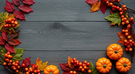 Autumnal arrangement with pumpkins, leaves, and berries.