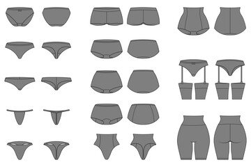 Set of different women&rsquo;s panties types with front and back views, monochrome illustration, isolated on white background.