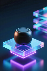 Fototapeta premium A sleek black speaker sits on a glowing transparent platform with vibrant purple and blue lighting in the background.