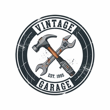 Vintage garage logo with a crossed hammer and adjustable wrench in a circular, distressed emblem.