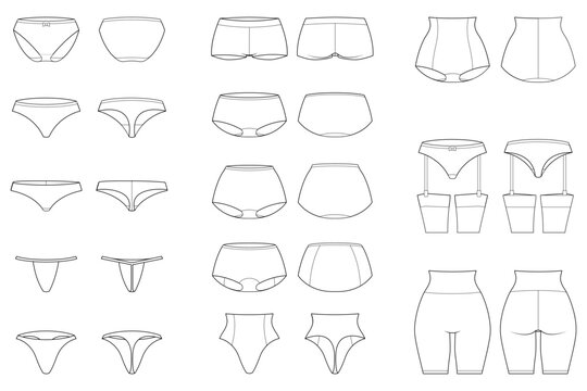 Outline vector illustration set of different women&rsquo;s panties styles with front and back views, isolated on white background.