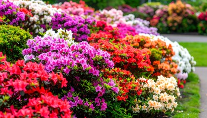 Obraz premium A vibrant display of colorful azaleas in a lush garden bed, showcasing a spectrum of pinks, reds, oranges, and whites.