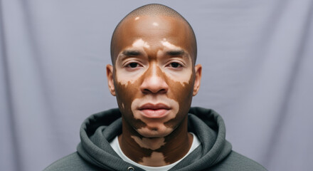 Confident young man with vitiligo wearing hooded sweatshirt faces camera with neutral expression against plain background