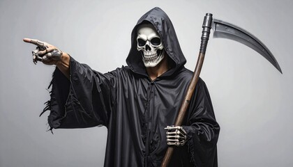 Ominous Grim Reaper in black hooded robe, skull mask, holding scythe, pointing forward, symbolizing fate, warning, and the inevitability of destiny