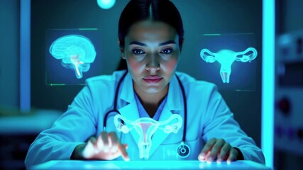 Female doctor analyzing holographic medical images of the brain and uterus in a futuristic lab - Powered by Adobe