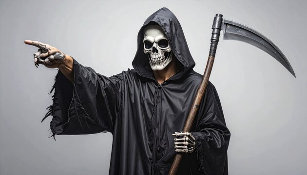 Ominous Grim Reaper in black hooded robe, skull mask, holding scythe, pointing forward, symbolizing fate, warning, and the inevitability of destiny