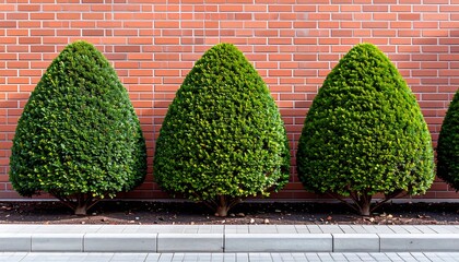 Three meticulously trimmed topiary shrubs, shaped like ovals, stand in a row against a brick wall, showcasing a design of green elegance.