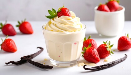 Creamy vanilla milkshake topped with whipped cream and fresh strawberries, presented on a light surface.