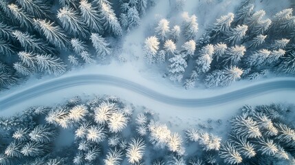 Aerial view of snowy forest road winter landscape wallpaper background scenery travel destination