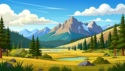 A serene vista of a valley nestled between towering mountains, filled with lush forests and a meandering stream, showcasing a vibrant landscape under a bright, sunny sky.