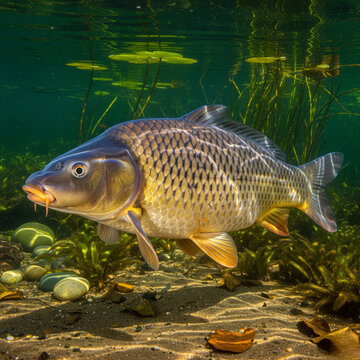 Majestic carp gliding underwater in its natural river habitat serene scene