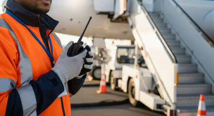 Airport ground crew in high visibility uniform using walkie talkie near airplane boarding stairs on tarmac during flight operations and passenger boarding preparation