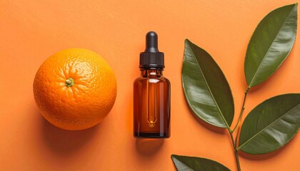 Vitamin C serum in a dropper bottle next to a fresh orange and green leaves on an orange background