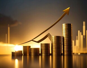 Gold coins stacked in increasing columns, depicting financial growth against a backdrop of rising trends and sunrise.