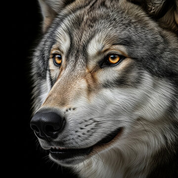 Intense stare from a majestic wolf, nature's raw power and wild beauty