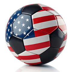Fototapeta premium A soccer ball with the american flag design showing stars and stripes on a white background surface