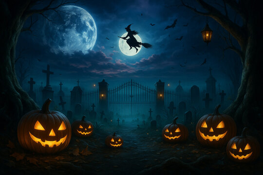 AI generated Halloween night scene with glowing jack o lantern pumpkins full moon witch on broom flying bats haunted graveyard and eerie gate creating spooky magical and fantasy atmosphere