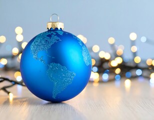 Blue globe Christmas ornament with blurred lights