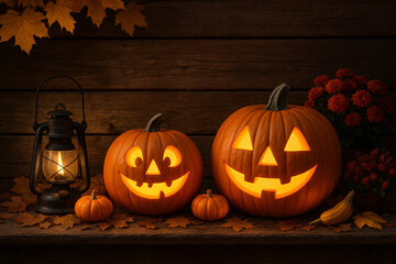 Obraz premium AI generated two jack o lantern pumpkins glowing warmly on rustic wooden table with lantern vintage light autumn leaves and flowers creating cozy festive halloween atmosphere