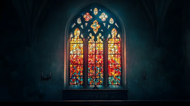 Explore vibrant stained glass window art in a church building with colorful light and religious design