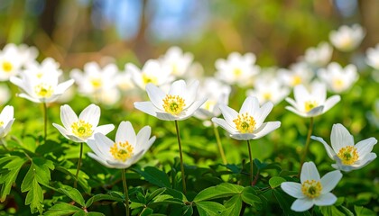 A vibrant display of delicate white flowers, bathed in sunlight, amongst lush green foliage.