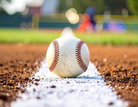 Close-up shot of a baseball resting on the white chalk line of a baseball field.
