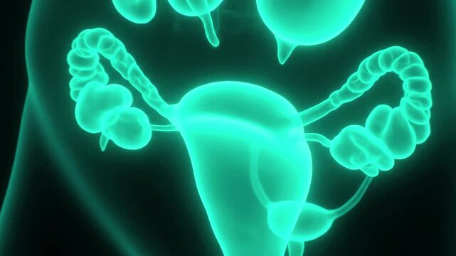 Glowing illustration of the female reproductive system highlighting the uterus and ovaries in detail