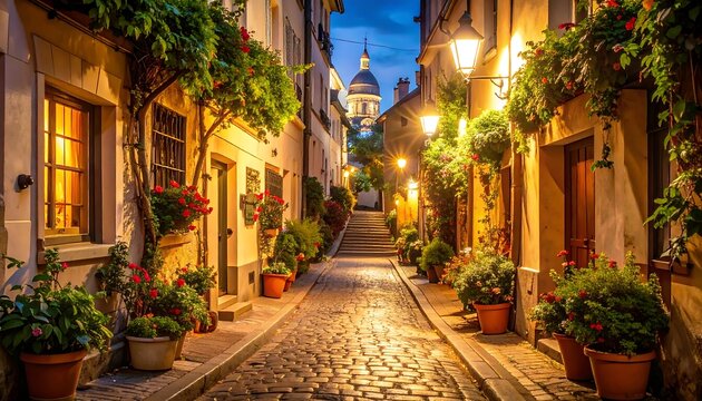 A charming, cobblestone alleyway at twilight, lined with warm-toned buildings adorned with vibrant flowers and hanging plants, casts a peaceful, romantic mood.