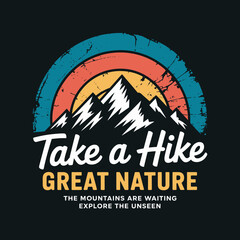 This colorful retro mountain scene showcases dramatic peaks and a vibrant rainbow, inviting viewers to embrace the adventure and explore the great outdoors.