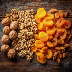 Dried Apricots Walnuts And Almonds On Rustic Wooden Background