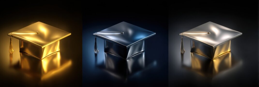 Graduation Caps in Gold, Silver, and Bronze Colors Reflecting Light and Showcasing Achievement in Academic Success