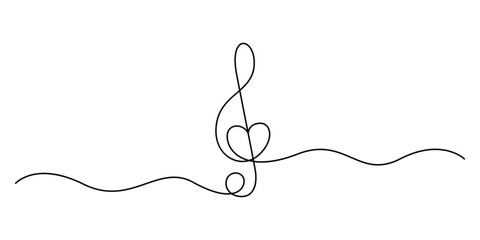 Treble clef music notes with love sign continuous one line drawing. Single line art music notes. Doodle vector illustration