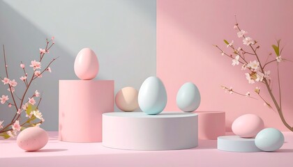 Pastel-colored eggs rest on tiered, cylindrical displays, surrounded by delicate cherry blossoms, creating a serene and spring-inspired still life.