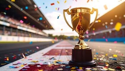 Gold trophy on racetrack with confetti